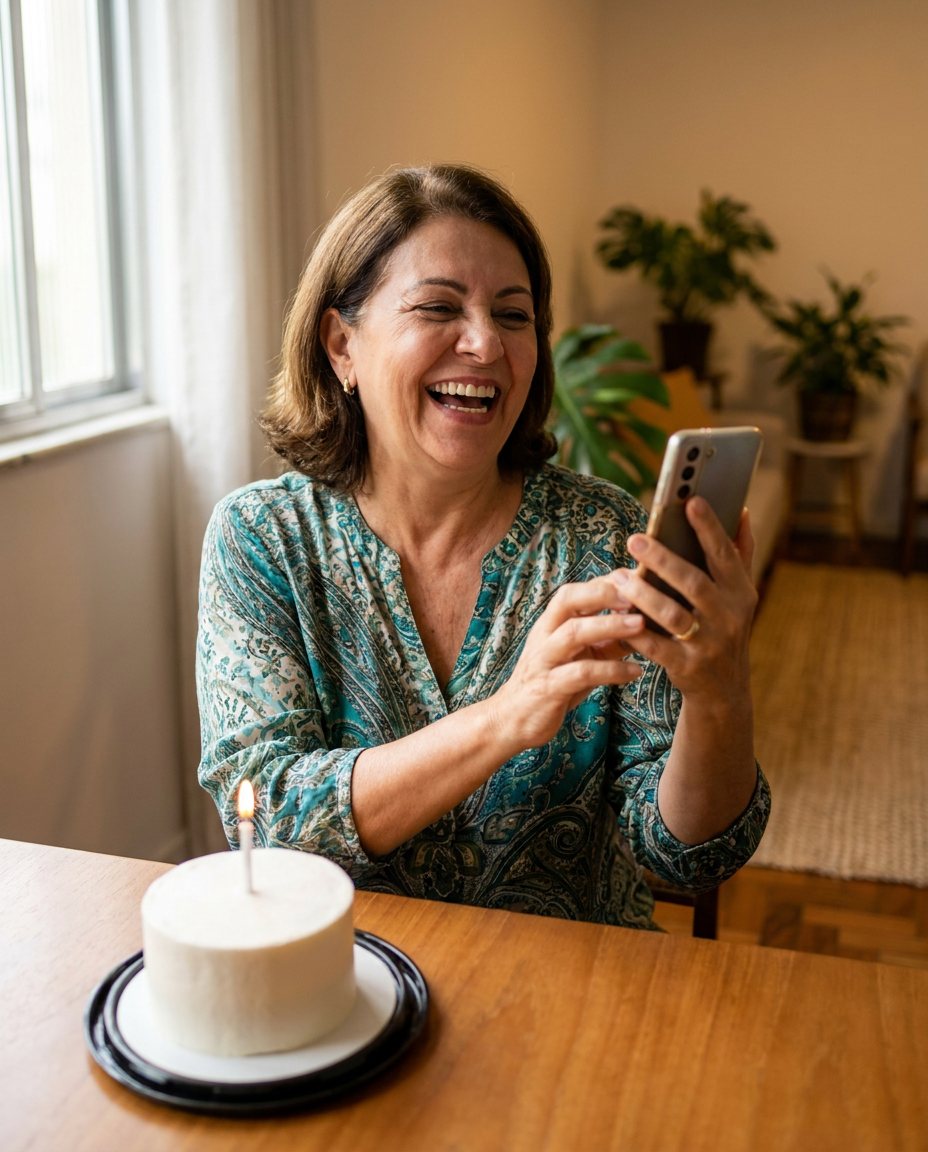 Senhora rindo ao ler uma mensagem no celular, com um bolo de aniversário à frente
