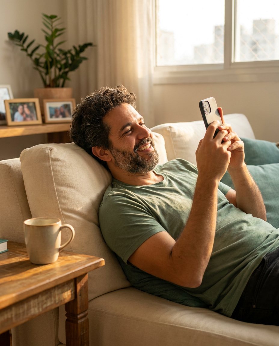 Cliente sorrindo no sofá enquanto lê uma mensagem no celular
