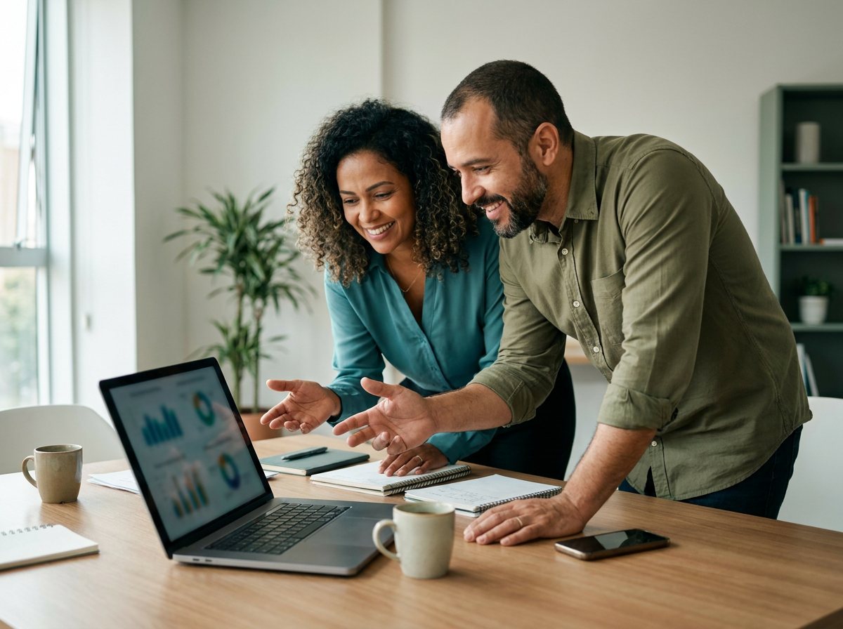 Dois sócios de uma pequena empresa olhando gráficos no notebook, satisfeitos