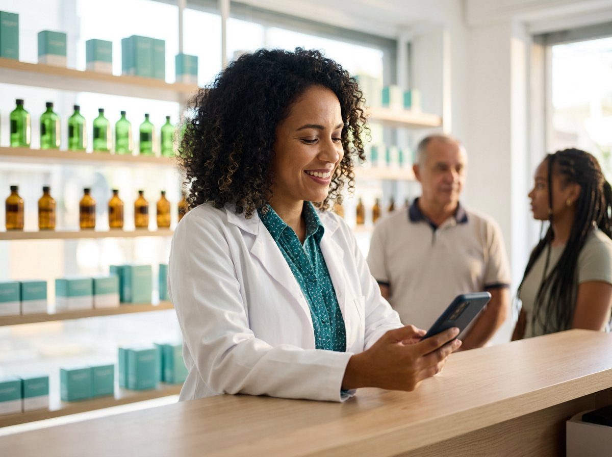 Farmacêutica sorrindo com o celular no balcão da farmácia