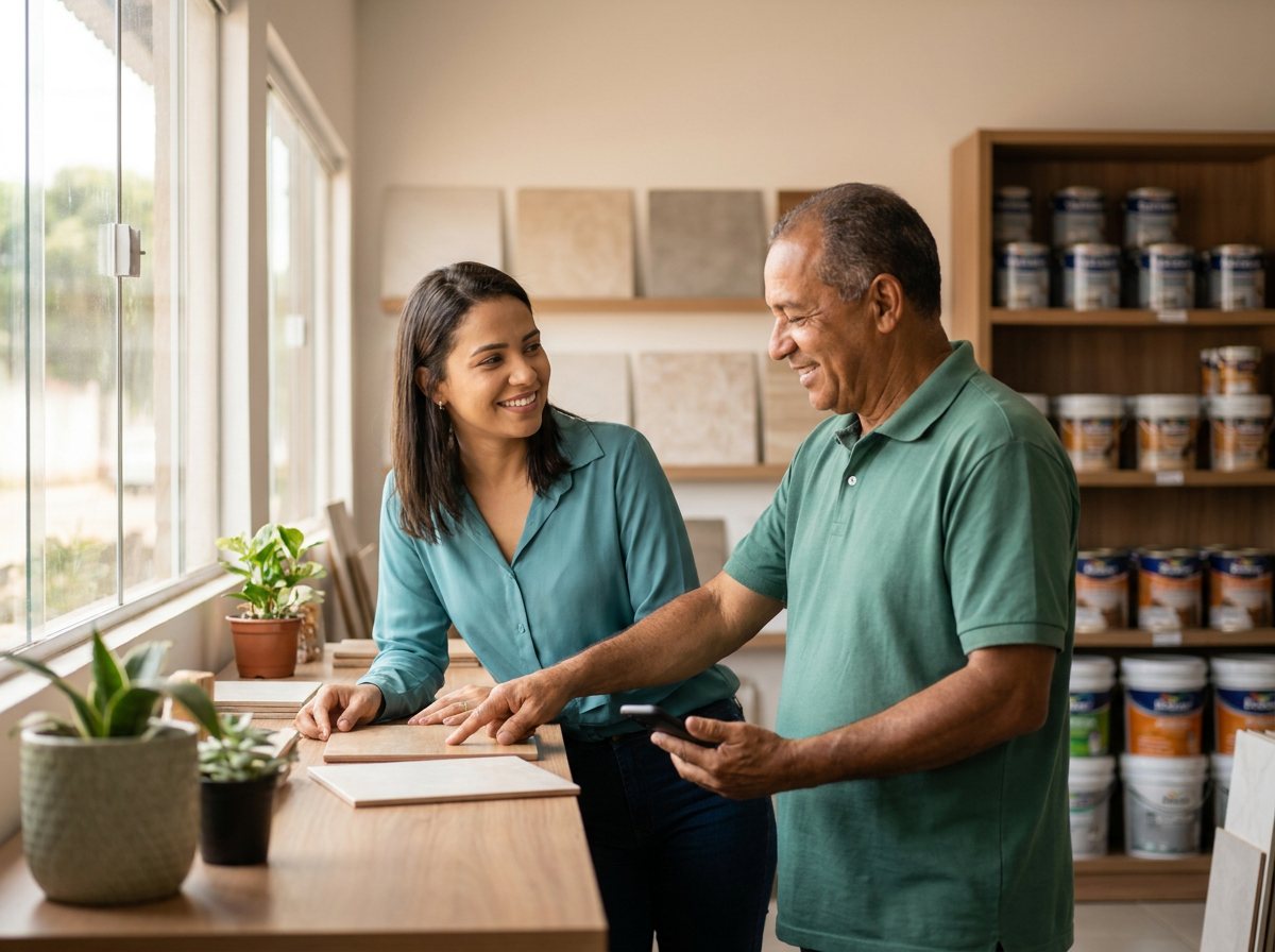 Vendedor atendendo uma cliente no balcão de uma loja de material de construção