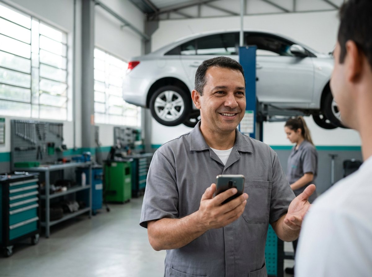 Mecânico sorrindo com o celular na mão numa oficina organizada
