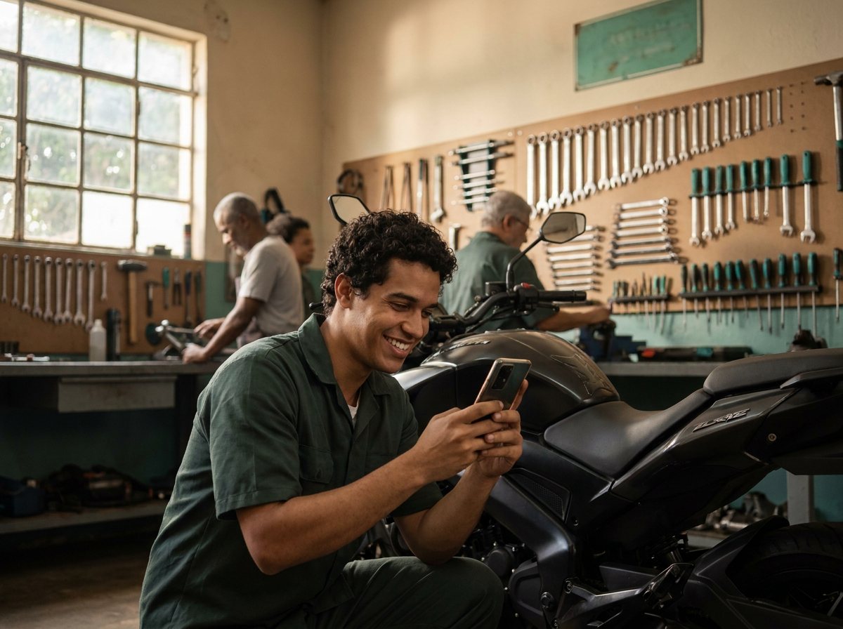 Mecânico de motos sorrindo com o celular na mão, ao lado de uma moto na oficina